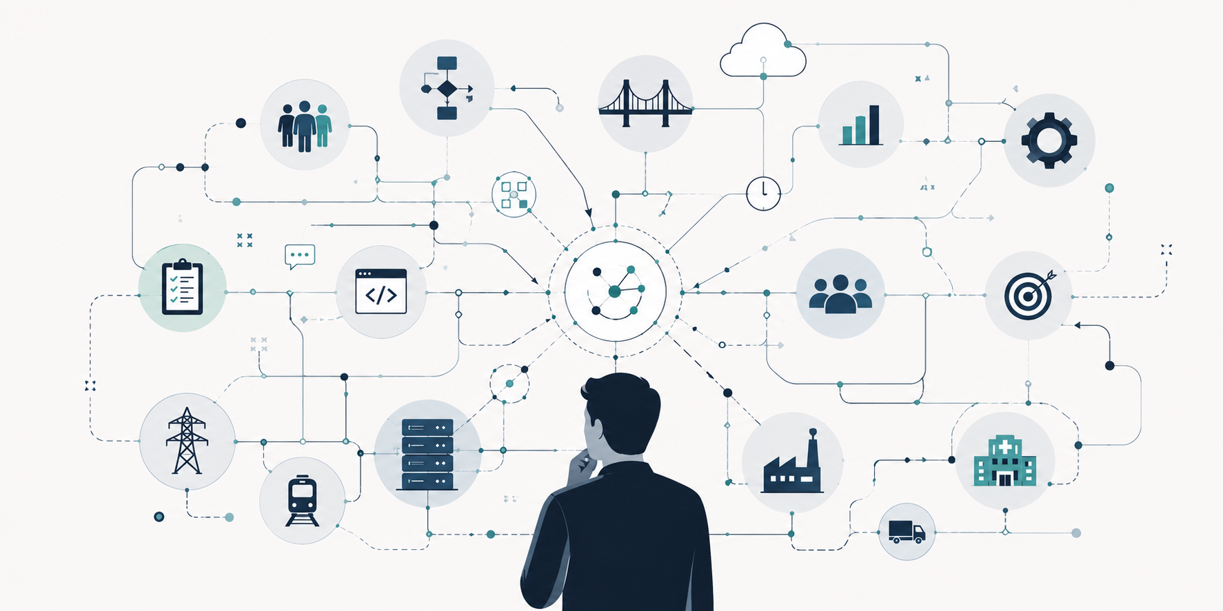 Visual representation of systems thinking showing hidden connections between engineering, infrastructure, and human processes