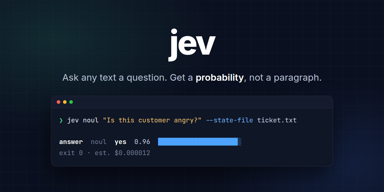A terminal running jev noul on a support ticket and printing the probability 0.96