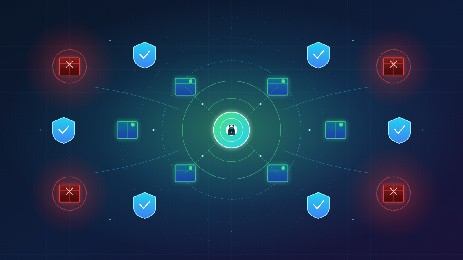 Abstract visualization of a software supply chain pipeline protected by concentric security perimeters and verification checkpoints
